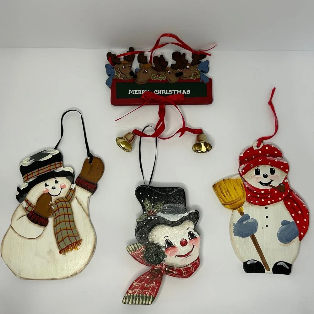 Hand Painted Wooden Christmas Ornaments Snowman‎ Reindeer Set of 4 Winter Cute
